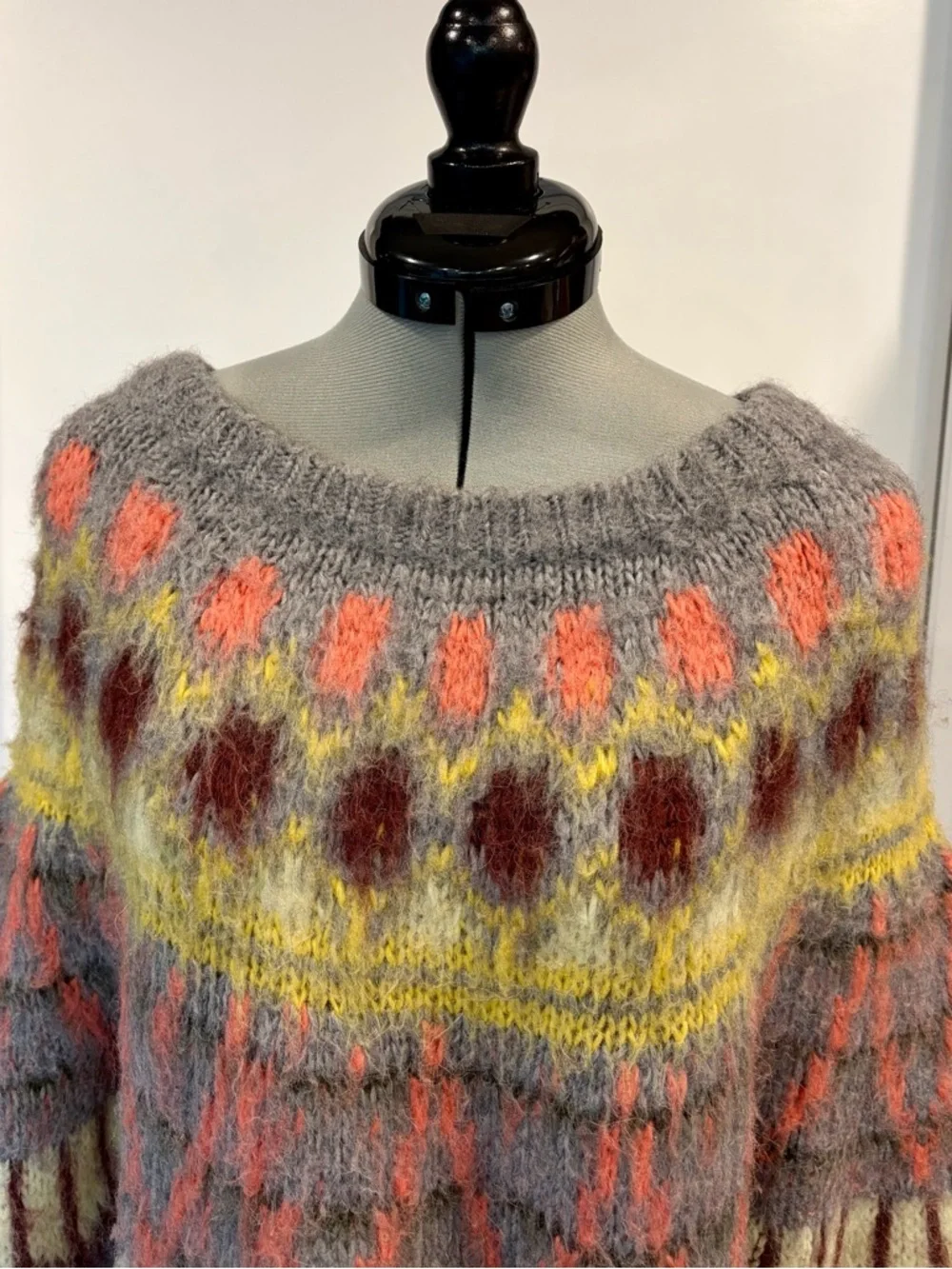 SAMSOE Samsoe Alpaca Fair Isle Sweater, oversized, grey-yellow, S, GUC - Picture 7 of 13